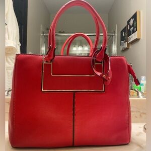 Red Structured Faux Leather Tote Handbag